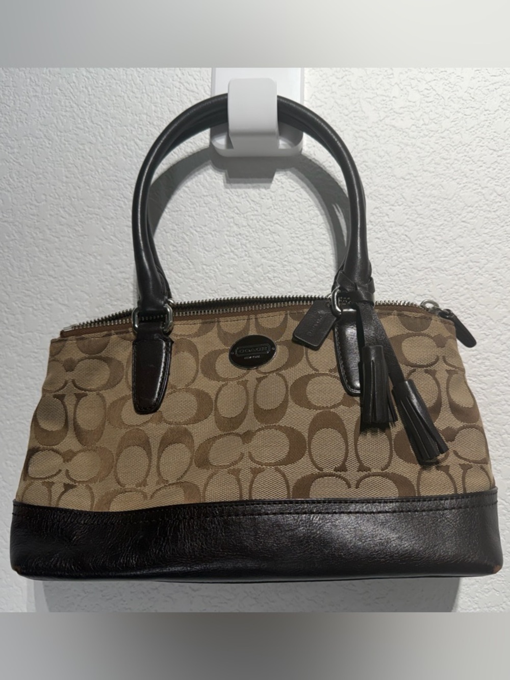 Coach Brown Signature Canvas Satchel with Dark Brown Leather Trim